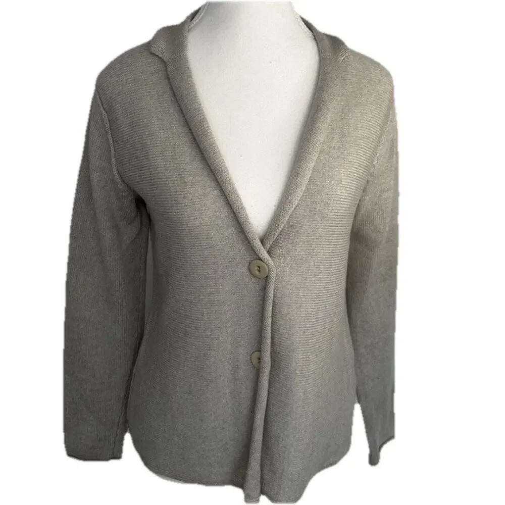 Eileen Fisher Womens Petite P Merino Wool Cardigan Sweater Beige Button Front